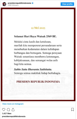 Presiden Prabowo Ucapkan Selamat Waisak 2569 BE, Ajak Masyarakat Tebarkan Cinta Kasih dan Kedamaian