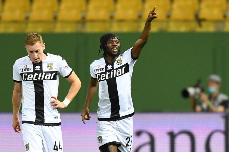 Gervinho saat merayakan gol ke gawang Inter Milan pada kompetisi Seri A Liga Italia, 28 June 2020. ANTARA/AFP/Miguel Medina

