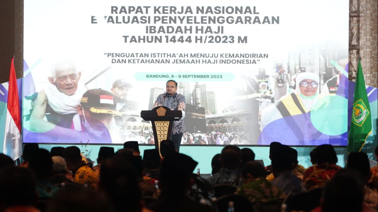 Menag saat membuka Rakernas Evaluasi Penyelenggaraan Ibadah Haji 1444 H/2023 M
