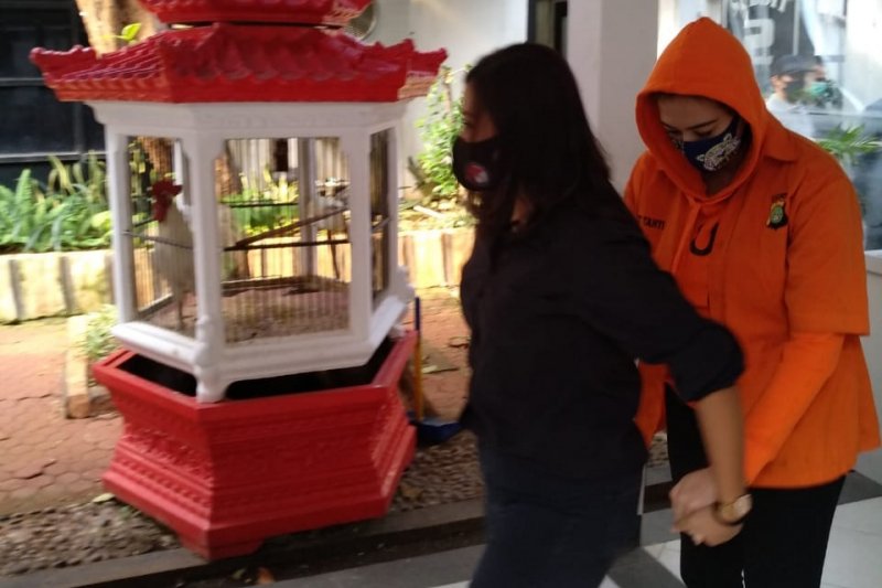 Catherine Wilson (mengenakan baju tahanan warba orange) saat menuju ruang jumpa pers di Mako Polda Metro Jaya, Sabtu (18/07/2020). ANTARA/HO-Polda Metro Jaya