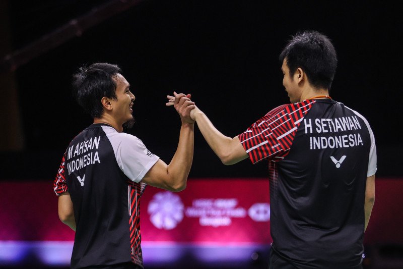 Ganda putra peringkat dua dunia Mohammad Ahsan (kiri) dan Hendra Setiawan. (Erika Sawauchi/Badmintonphoto/Erika Sawauchi)