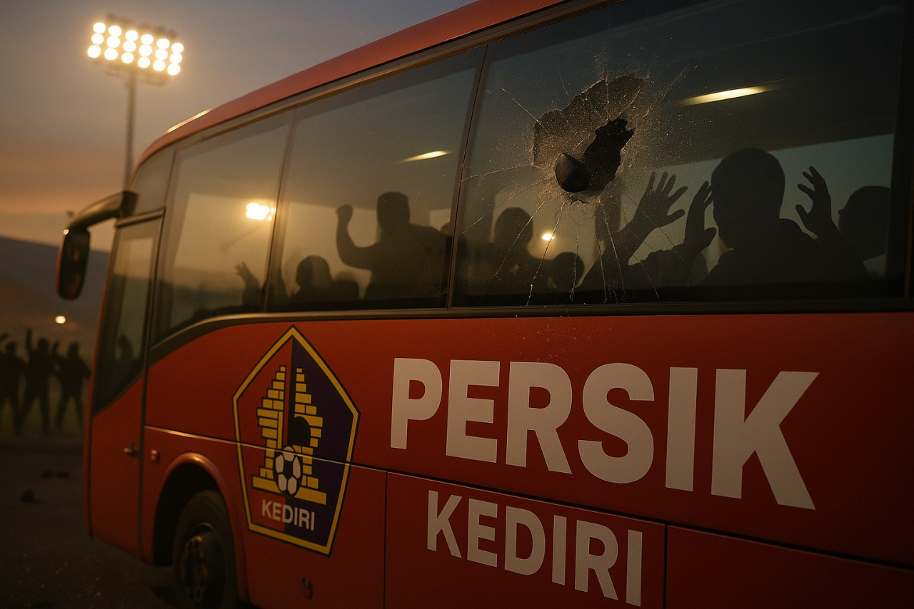 FOTO ILUSTRASI : Bus tim Persik Kediri diserang sejumlah oknum suporter tak lama setelah pertandingan melawan Arema FC dalam lanjutan kompetisi Liga 1 2024/2025 di Stadion Kanjuruhan, Malang, Minggu (11/5/2025).