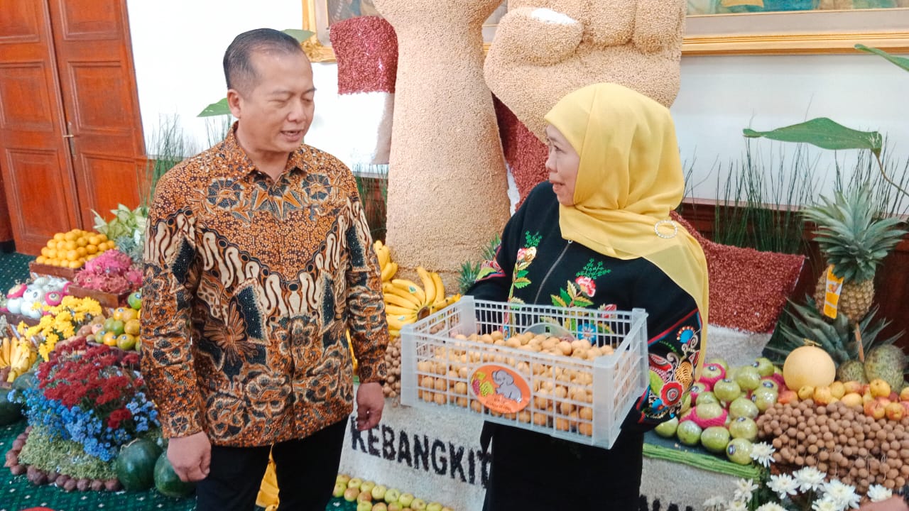 Gubernur Jawa Timur Khofifah Indar Parawansa saat menjelaskan lengkeng varietas kateki kepada Gubernur Nusa Tenggara Barat (NTB), Lalu Muhamad Iqbal Gedung Negara Grahadi, Surabaya, Rabu (21/5/2025)