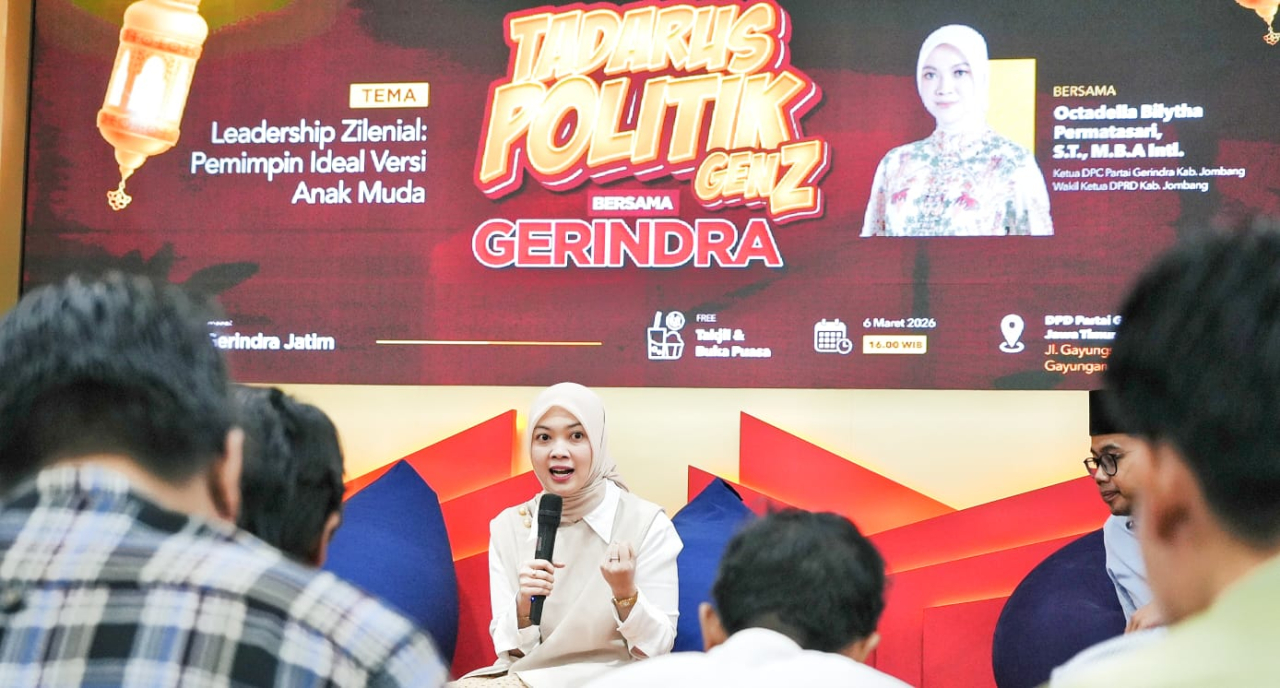 Ketua DPC Gerindra Jombang, Octadella Bilytha Permatasari pada Tadarus Politik Gen Z, tema yakni 'Leadership Zilenial: Pemimpin Ideal versi Anak Muda'.