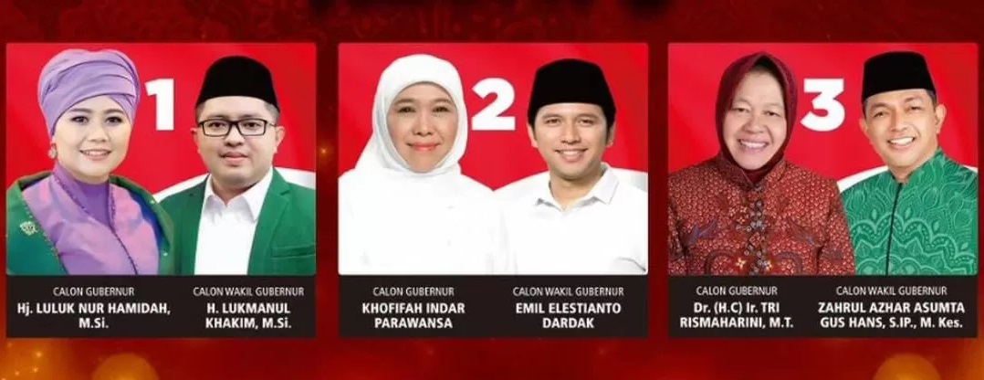 Tiga pasangan calon gubernur dan wakil gubernur  Jawa Timur pada pilkada 2024