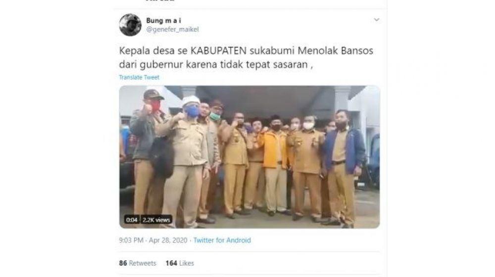 Viral  Kades se Sukabumi menolak bantuan sembako dari Gubernur Jabar. ( foto : akun Twitter @genefer_maikel  )