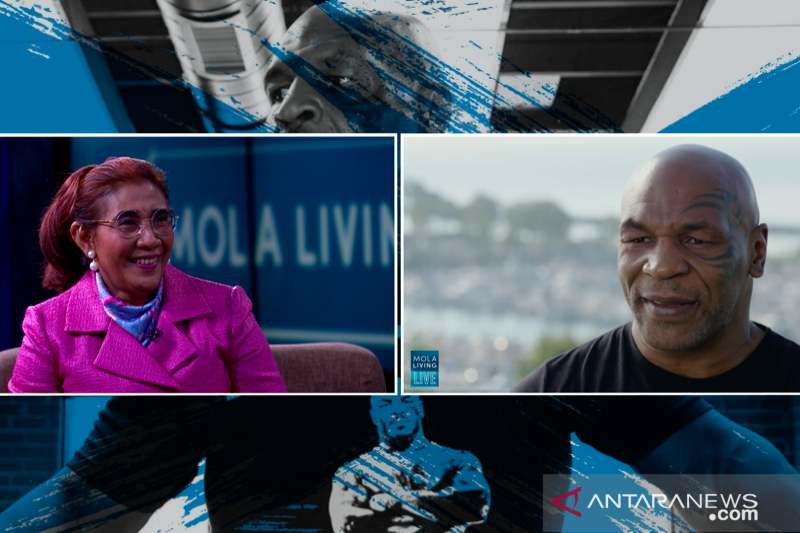 Mantan Menteri Kelautan dan Perikanan RI Susi Pudjiastuti (kiri) dalam bincang-bincang bertajuk “Life Lessons from the Champ” bersama mantan juara dunia tinju Mike Tyson, Jumat (2/10/2020). (ANTARA/HO/Mola TV)