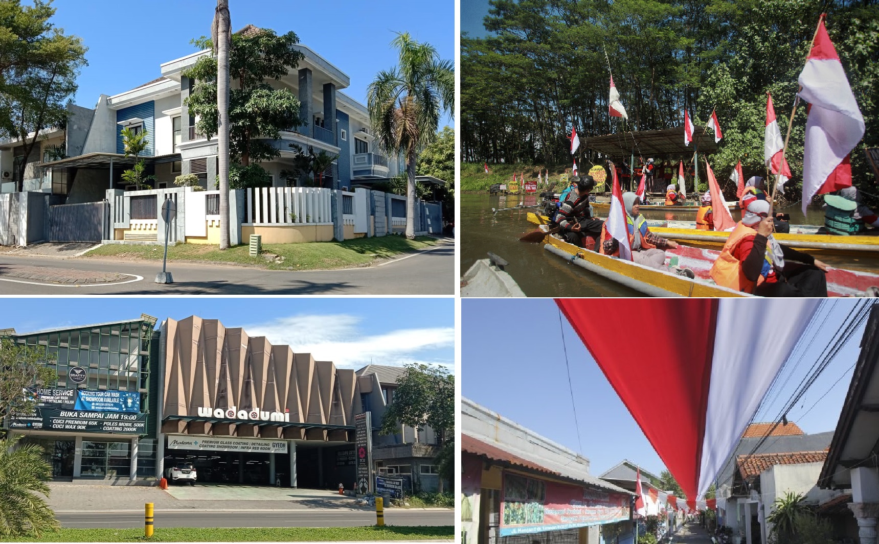 Foto kiri: Rumah dan tempat usaha di Perumahan Citraland, Surabaya barat, terlihat tidak mengibarkan bendera Merah Putih saat HUT ke-75 RI, 17 Agustus 2020. Foto kanan: Pemandangan di Citraland itu kontras dengan antusias rakyat Indonesia lainnya dalam me