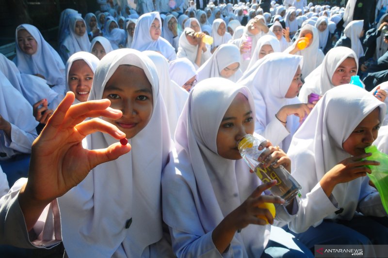ILustrasi - Siswa menunjukkan tablet atau obat dalam bentuk butiran saat mengikuti Gerakan Minum Tablet Tambah Darah (Gemitra) pada remaja putri di SMK NU Ma'arif Kudus, Kudus, Jawa Tengah, Senin (18/11/2019). ANTARA FOTO/Yusuf Nugroho/foc.

