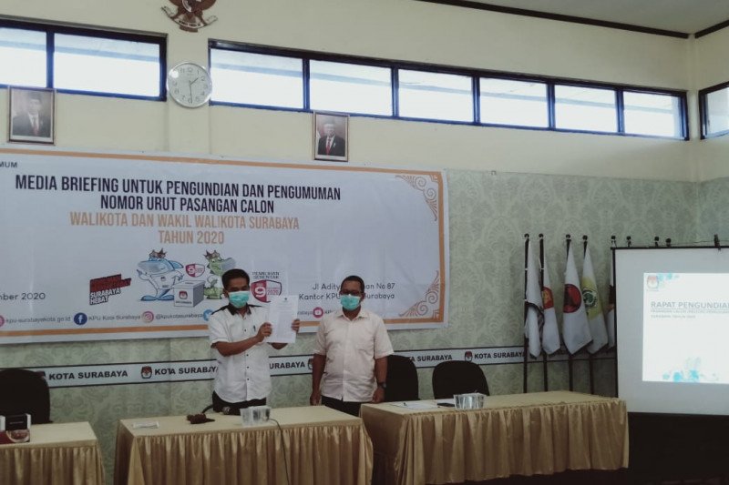 DITETAPKAN: Ketua KPU Kota Surabaya Nur Syamsi dan anggota KPU Soeprayitno saat penetapan kontestan Pilkada 2020 di Kantor KPU Kota Surabaya, Rabu (23/9).  FOTO: HMP/ANTARA