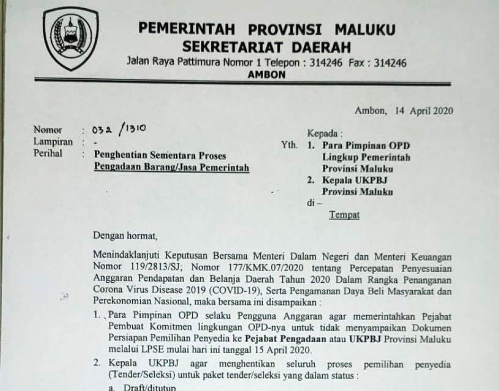 Surat edaran Pemprov Maluku. Ist
