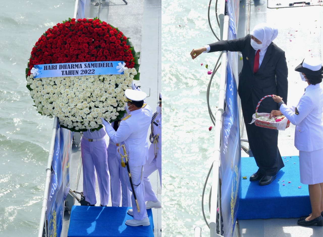 Gubernur Khofifah mengikuti Upacara Tabur Bunga dalam rangka memperingati Hari Dharma Samudera ke-60 Tahun 2022 di Geladak KRI Wahidin Sudirohusodo WSH - 991 yang berlayar dari Dermaga Madura Koarmada II Surabaya, Sabtu (15/1).