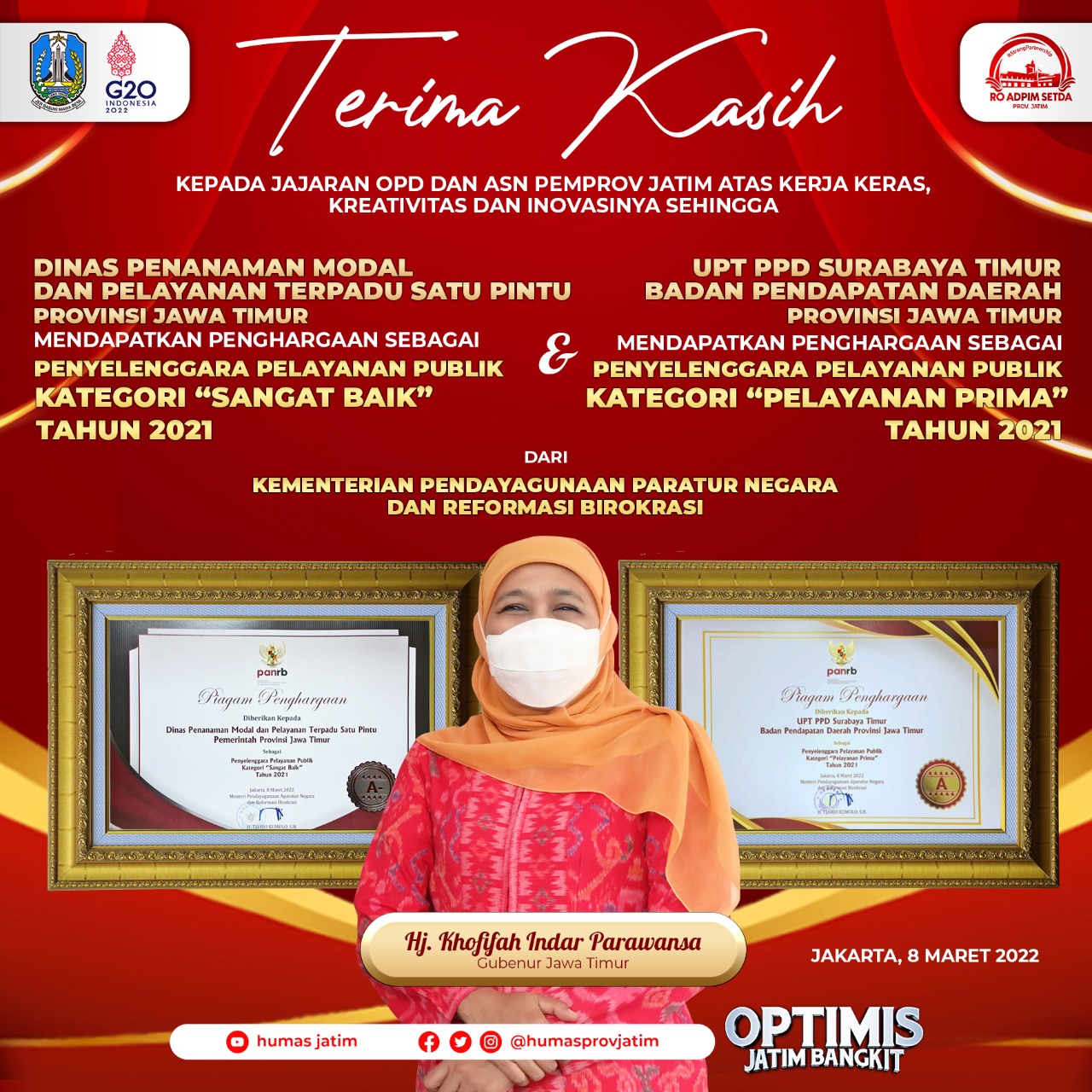 Pemerintah Provinsi Jawa Timur kembali memperoleh penghargaan di tingkat nasional. 