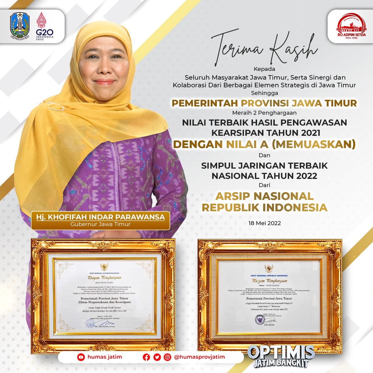 Pemerintah Provinsi Jawa Timur kembali memperoleh penghargaan di tingkat nasional. Kali ini, Pemprov Jatim menerima dua penghargaan sekaligus dari Arsip Nasional Republik Indonesia (ANRI).