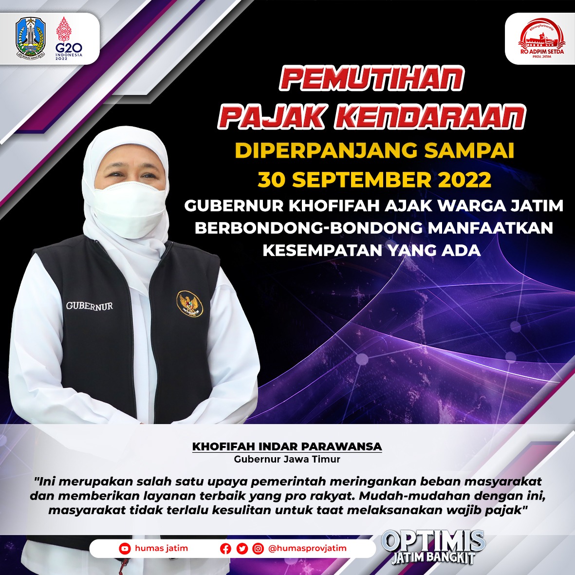 
Pemerintah Provinsi Jawa Timur memperpanjang program pemutihan pajak kendaraan hingga 92 hari ke depan sampai 30 September 2022 mendatang
