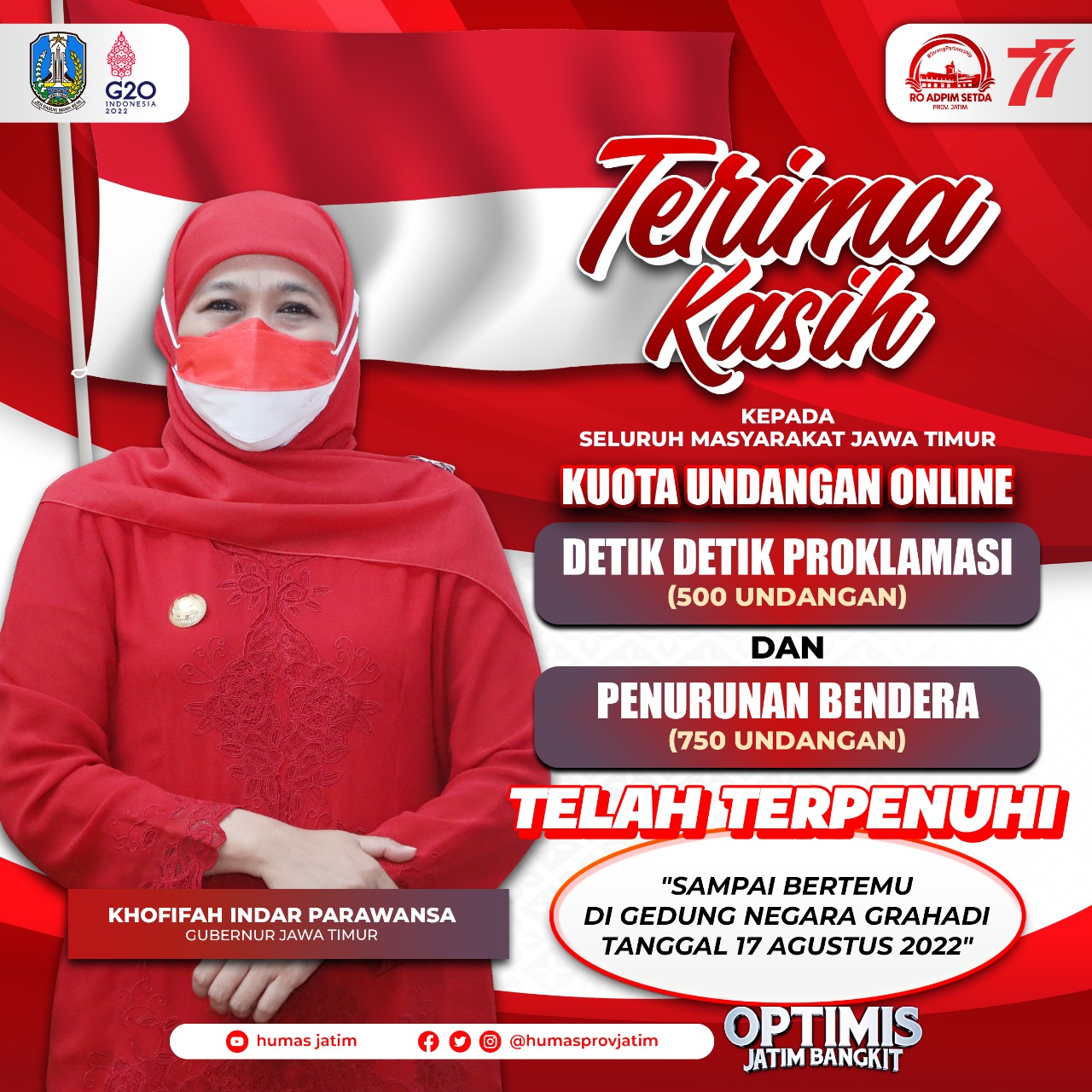Antusiasme masyarakat Jawa Timur dalam mengikuti upacara peringatan HUT ke-77 RI di Gedung Negara Grahadi begitu tinggi.