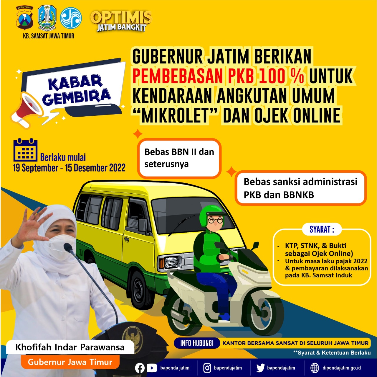 Gubernur Jatim membebaskan pajak kendaraan bermotor (PKB) untuk angkutan umum orang jenis mikrolet dan ojek online.