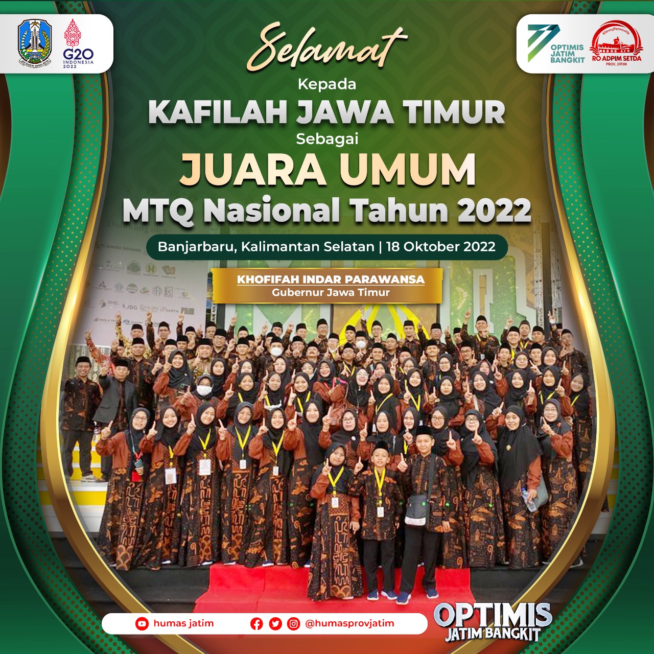 Prestasi membanggakan berhasil dipersembahkan kafilah Jawa Timur pada Musabaqah Tilawatil Quran (MTQ) Nasional ke 29 dengan memboyong gelar Juara Umum.