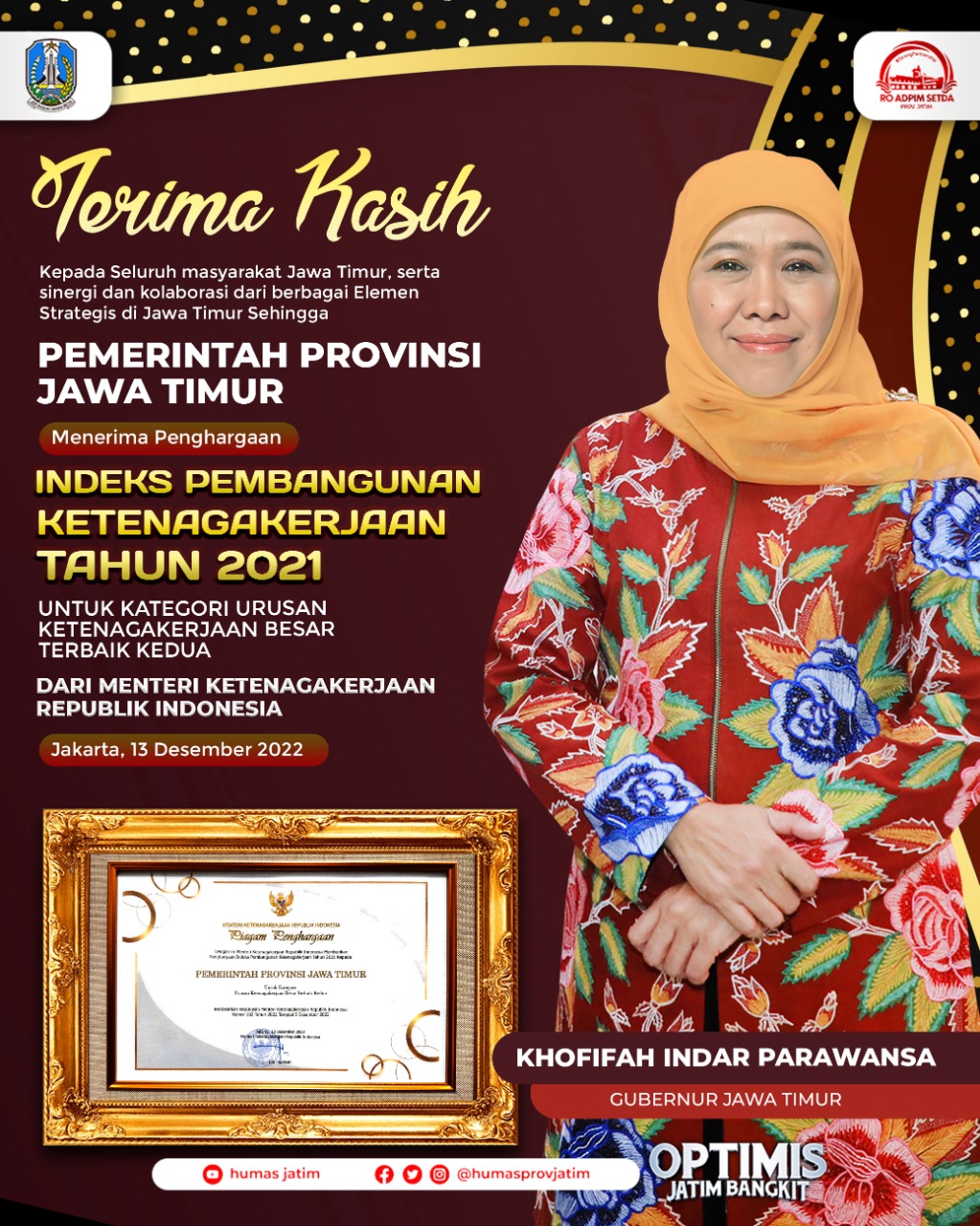 Jawa Timur berhasil mendapatkan penghargaan Indeks Pembangunan Ketenagakerjaan (IPK) tahun 2021