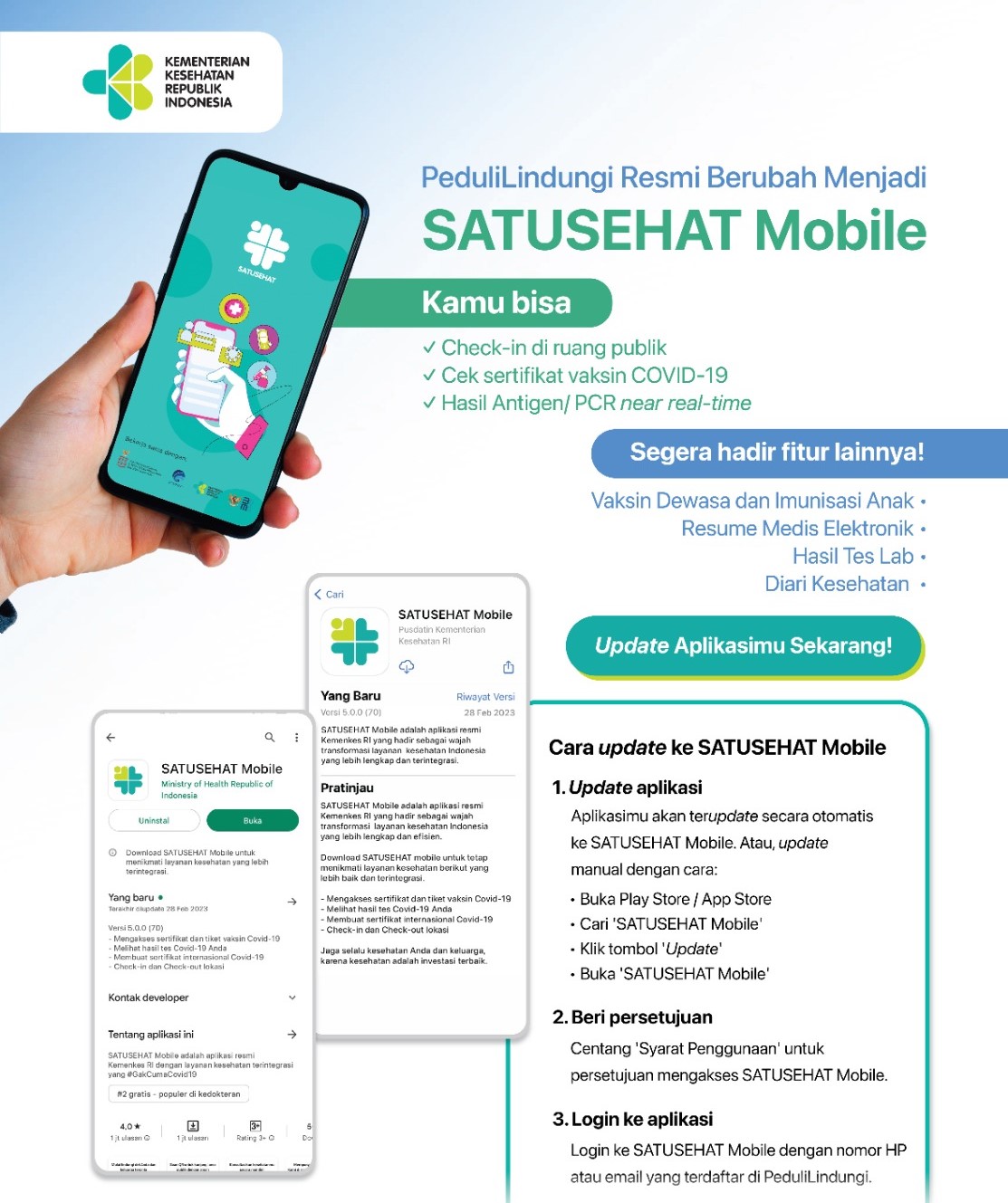  Transformasi digital kesehatan di Indonesia kembali memasuki babak baru. Kementerian Kesehatan (Kemenkes) resmi mentransformasikan PeduliLindungi menjadi aplikasi kesehatan masyarakat bernama SATUSEHAT Mobile