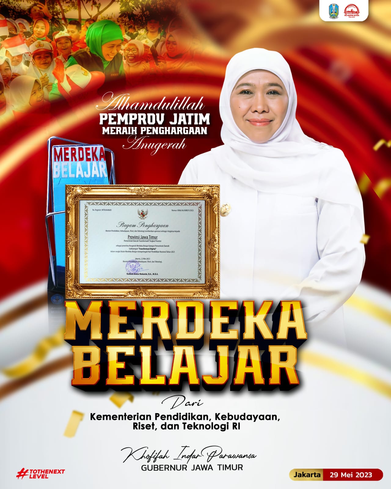 Gubernur Jawa Timur, Khofifah Indar Parawansa mendapat Anugerah Pemda Transformatif Provinsi untuk Kategori Pemda Transformasi Digital, Senin (29/5). 