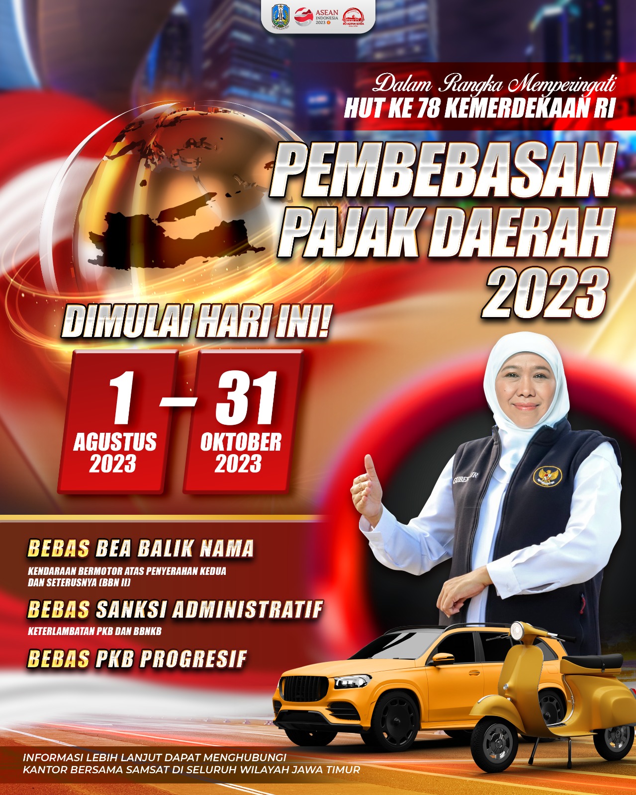 Pemerintah Provinsi Jawa Timur kembali menggelar program pembebasan pajak kendaraan bermotor mulai tanggal 1 Agustus hingga 31 Oktober 2023,