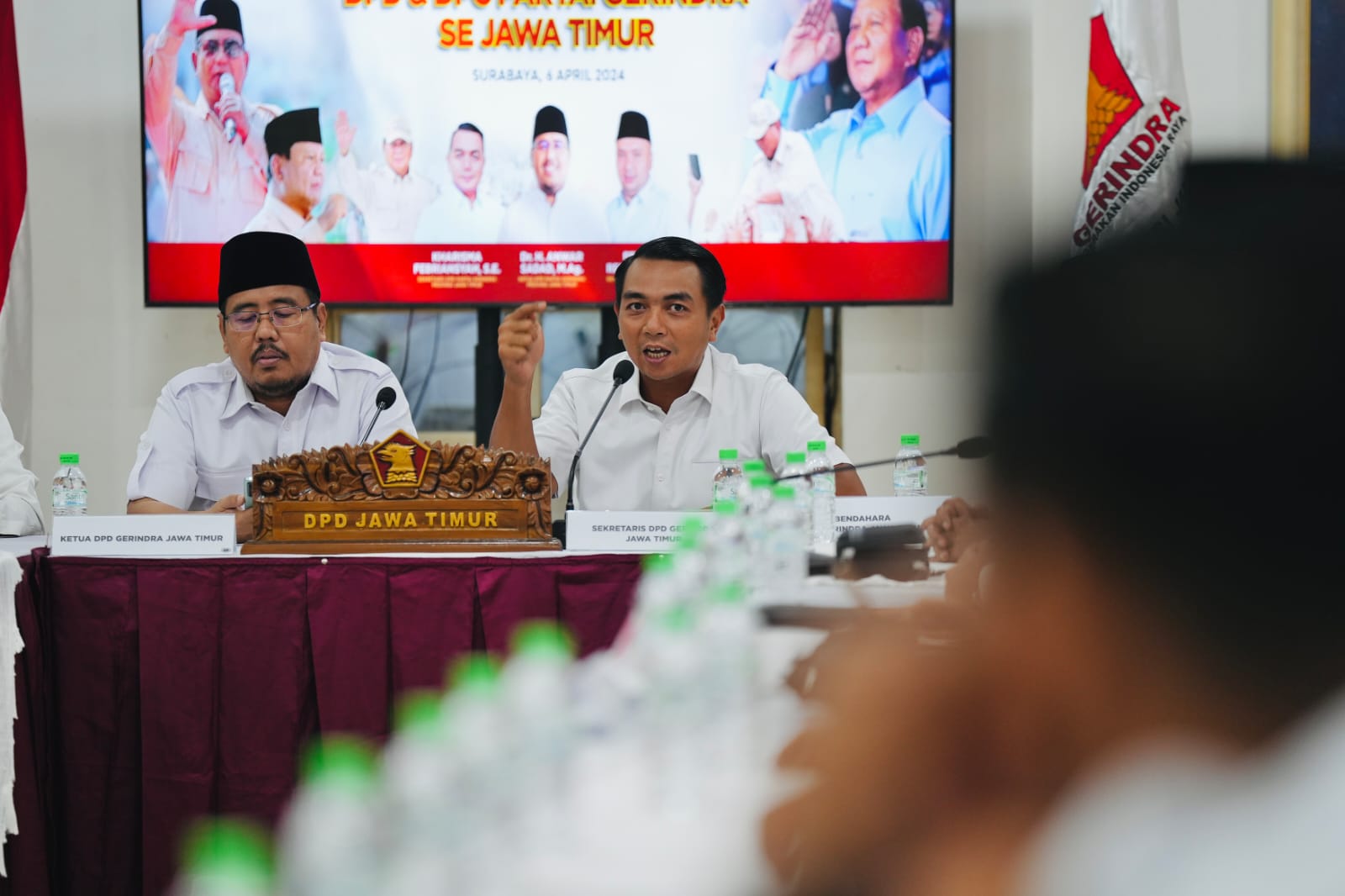 Anwar Sadad di Kantor DPD Gerindra Jatim usai Rapat Koordinasi dengan 38 DPC kabupaten/kota se Jatim, Minggu (7/4/2024) malam