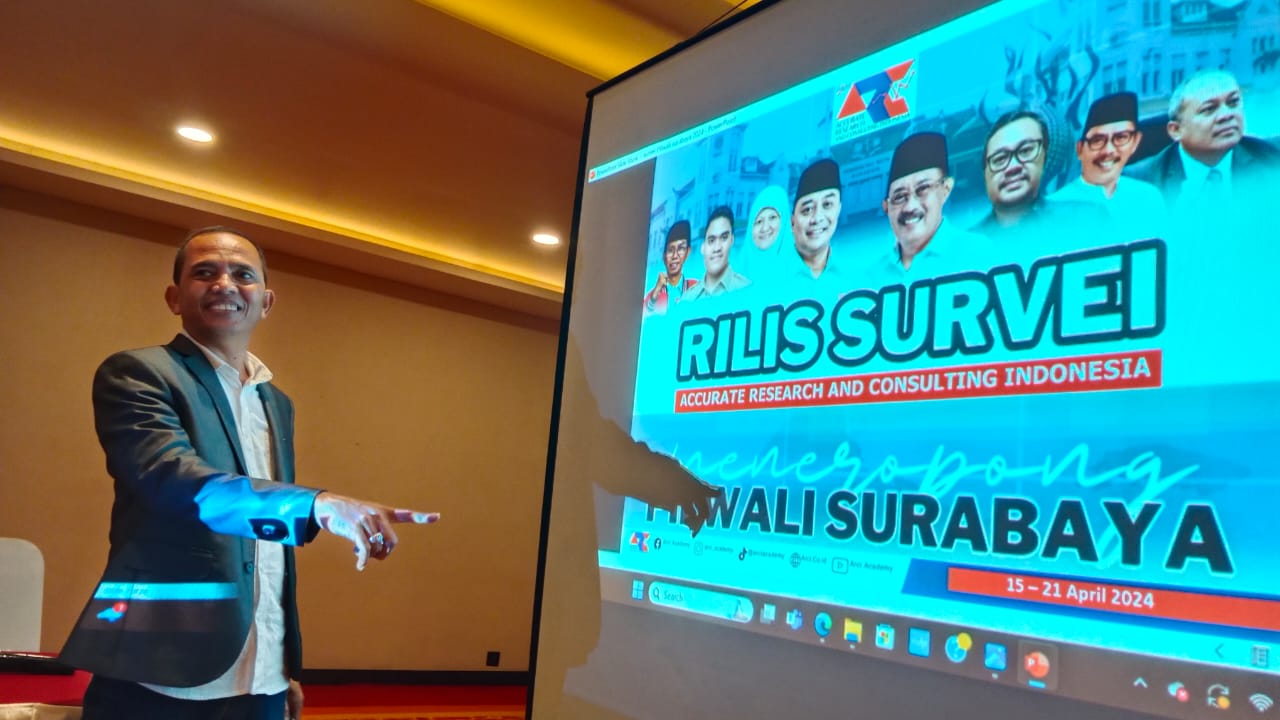 Direktur ARCI Baihaki Sirajt merilis hasil survei elektabilitas nama yang digadang-gadang maju di Pemilihan Wali (Pilwali) Kota Surabaya 2024.