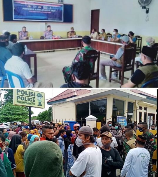Suasana mediasi antara ratusan keluarga pasien Covid-19 dengan tim gugus tugas Kepulauan Sula. (FOTO: HMP/CHO)
