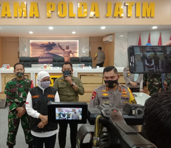 Forkopimda Jatim usai melakukan anev di Aula Rupatama Polda Jatim, Selasa (21/7/2020).