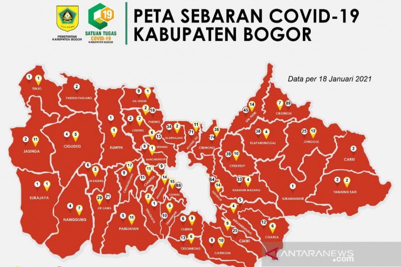 Peta penularan COVID-19 di Kabupaten Bogor, Jawa Barat, pada Senin, 18 Januari 2021. (ANTARA/HO-Pemkab Bogor)