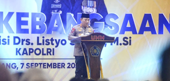 Kapolri Jenderal Listyo Sigit Prabowo saat menghadiri Konsolidasi Kebangsaan Angkatan Muda Muhammadiyah (AMM) di Dom Universitas Muhammadiyah Malang (UMM), Rabu (7/9/2022).  