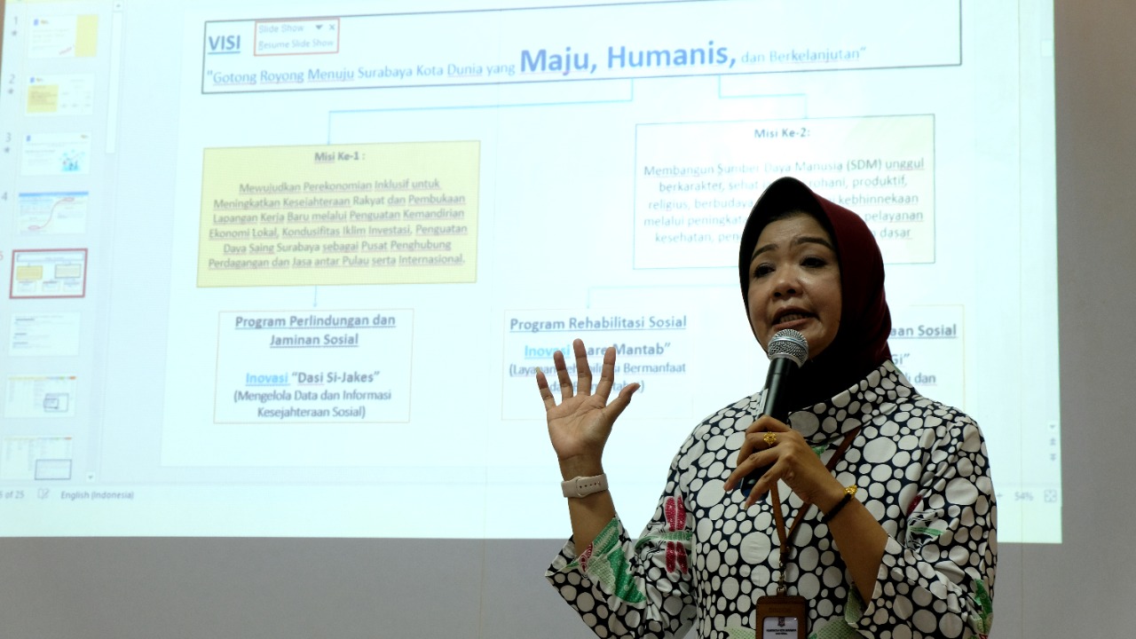 Kepala Dinas Sosial (Dinsos) Kota Surabaya, Anna Fajriatin saat menggelar konferensi pers di eks Gedung Kantor Bagian Humas Pemkot Surabaya, Jumat (15/7/2022). 