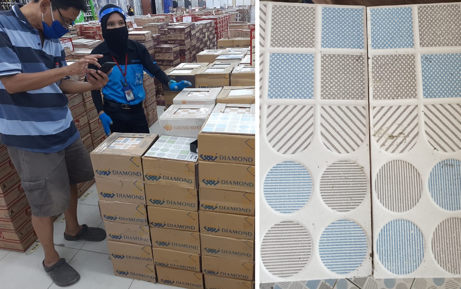 Staf penjualan melayani konsumen yang membeli keramik di Mitra10 Wiyung, Surabaya. Inzet: Keramik Diamond dikeluhkan tidak presisi. 