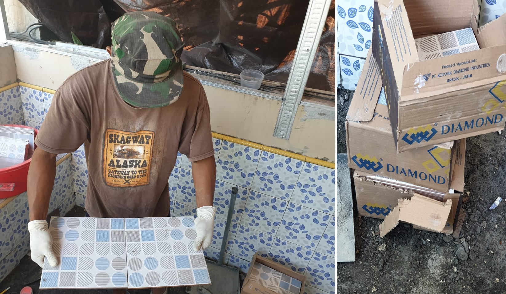Keramik Diamond ditemukan tidak presisi, diduga produk afkiran. Keramik tersebut dibeli di Mitra10 Wiyung