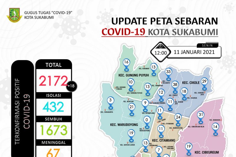 Peta sebaran pasien COVID-19 Kota Sukabumi, Jawa Barat pada Senin, (11/1). (Antara/Dok/Gugus Tugas Percepatan Penanganan COVID-19 Kota Sukabumi)

