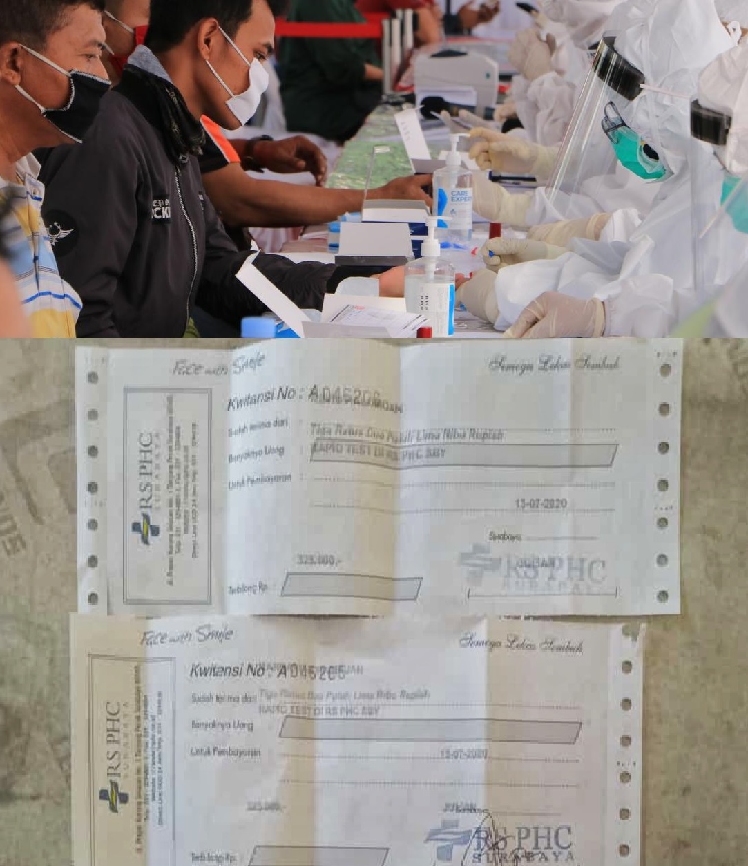 Suasana rapid test massal di Surabaya dan bukti pembayaran rapid test di RS PHC Surabaya
