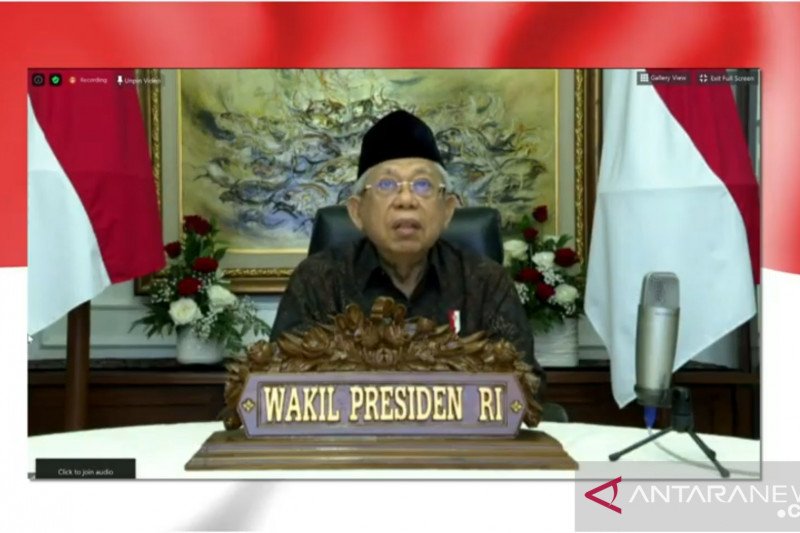 Wakil Presiden Ma'Ruf Amin ketika memberikan sambutan pada peluncuran program digitalisasi pemasaran dan manajemen produk halal bagi UMKM secara virtual di Jakarta, Selasa (20/10/2020). (ANTARA/Dewa Wiguna)


