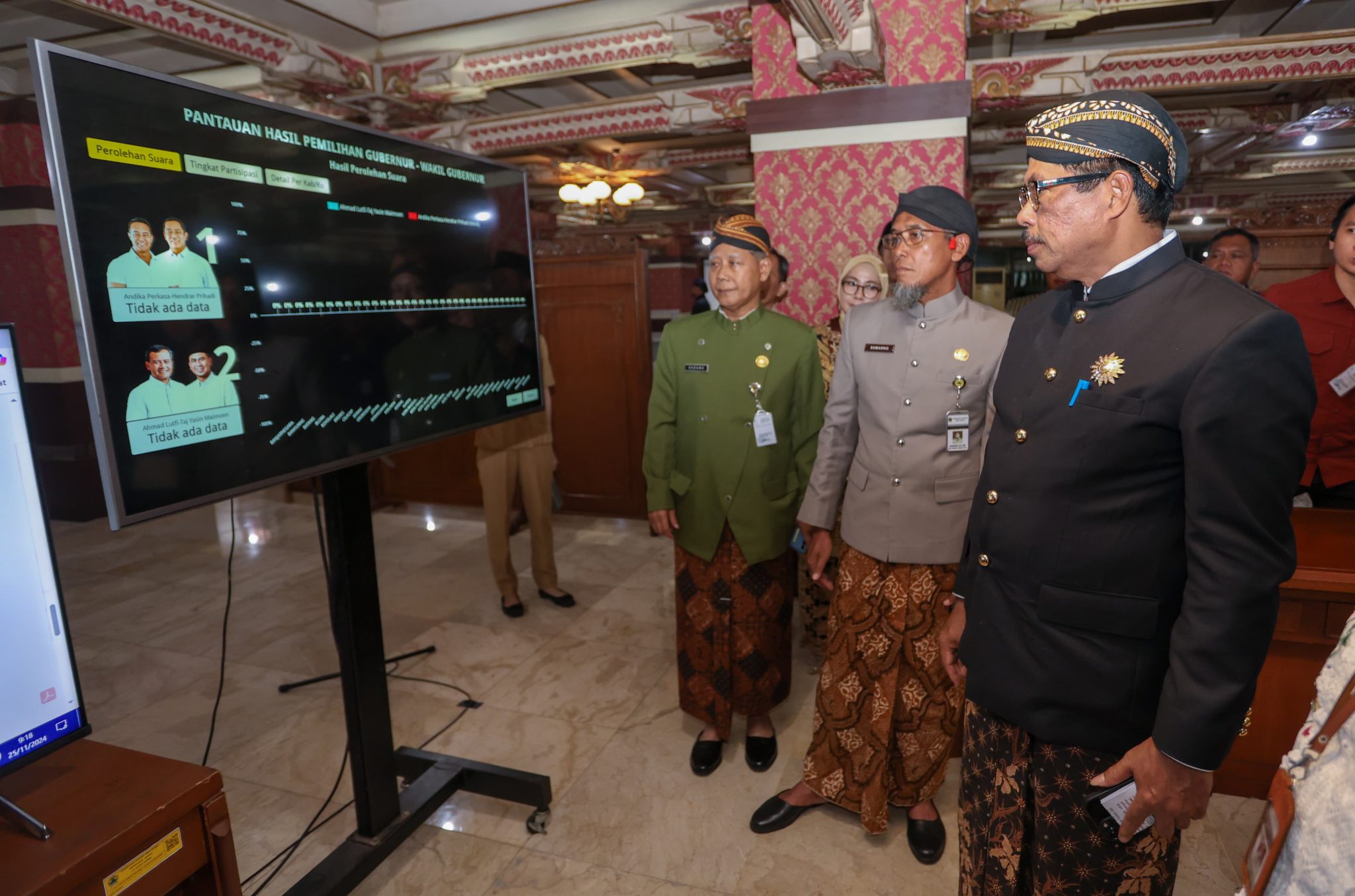 Penjabat (Pj) Gubernur Jawa Tengah, Nana Sudjana bersama sejumlah pejabat terkait mengunjungi Posko Desk Pilkada yang didirikan di Kantor Gubernur Jawa Tengah, Senin (25/11/2024)