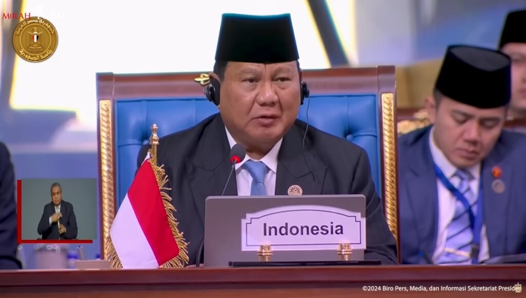 Presiden Prabowo Subianto memberikan sambutan pada sesi pleno Konferensi Tingkat Tinggi (KTT) Ke-11 D-8, di Istana Kepresidenan New Administrative Capital, Kairo, Mesir, pada Kamis (19/12/2024). (Foto: Tangkapan YouTube BPMI Setpres)

