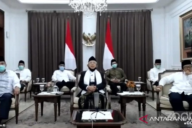 Tangkapan layar Wakil Presiden RI Ma'ruf Amin menyampaikan sambutan dalam acara halalbihalal virtual Majelis Ulama Indonesia (MUI) dari kediaman dinas wapres di Jakarta, Jumat (12-6-2020). ANTARA/Fransiska Ninditya

