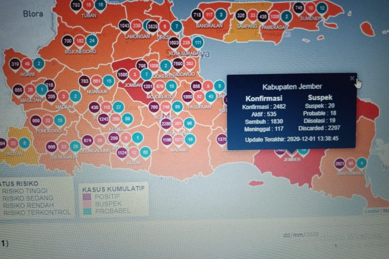 Peta sebaran COVID-19 di Jawa Timur pada 1 Desember 2020. ANTARA/HO-Info covid Jatim

