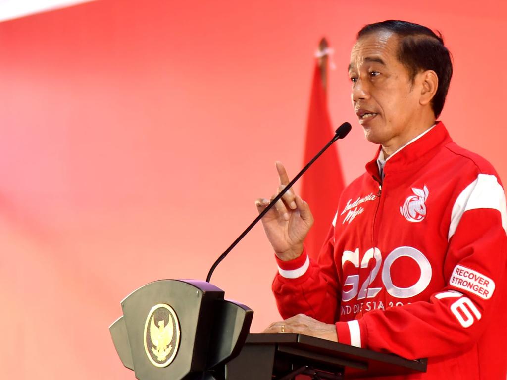 Presiden Jokowi saat meresmikan Pembukaan Rapat Kerja Nasional V Projo Tahun 2022 di Kabupaten Magelang, Jawa Tengah, Sabtu (21/05/2022).
