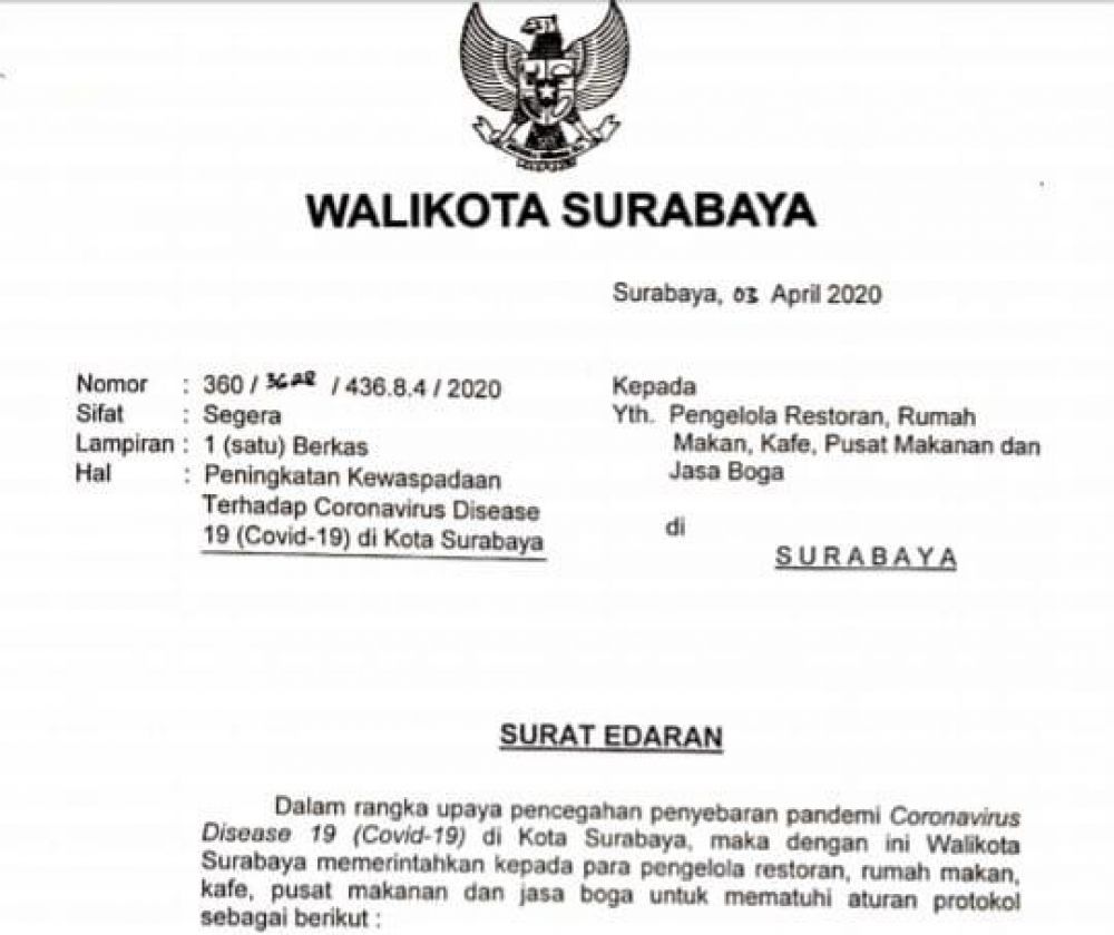 Surat Edaran Walikota Surabaya terkait wabah Covid-19 (Foto: guntur)