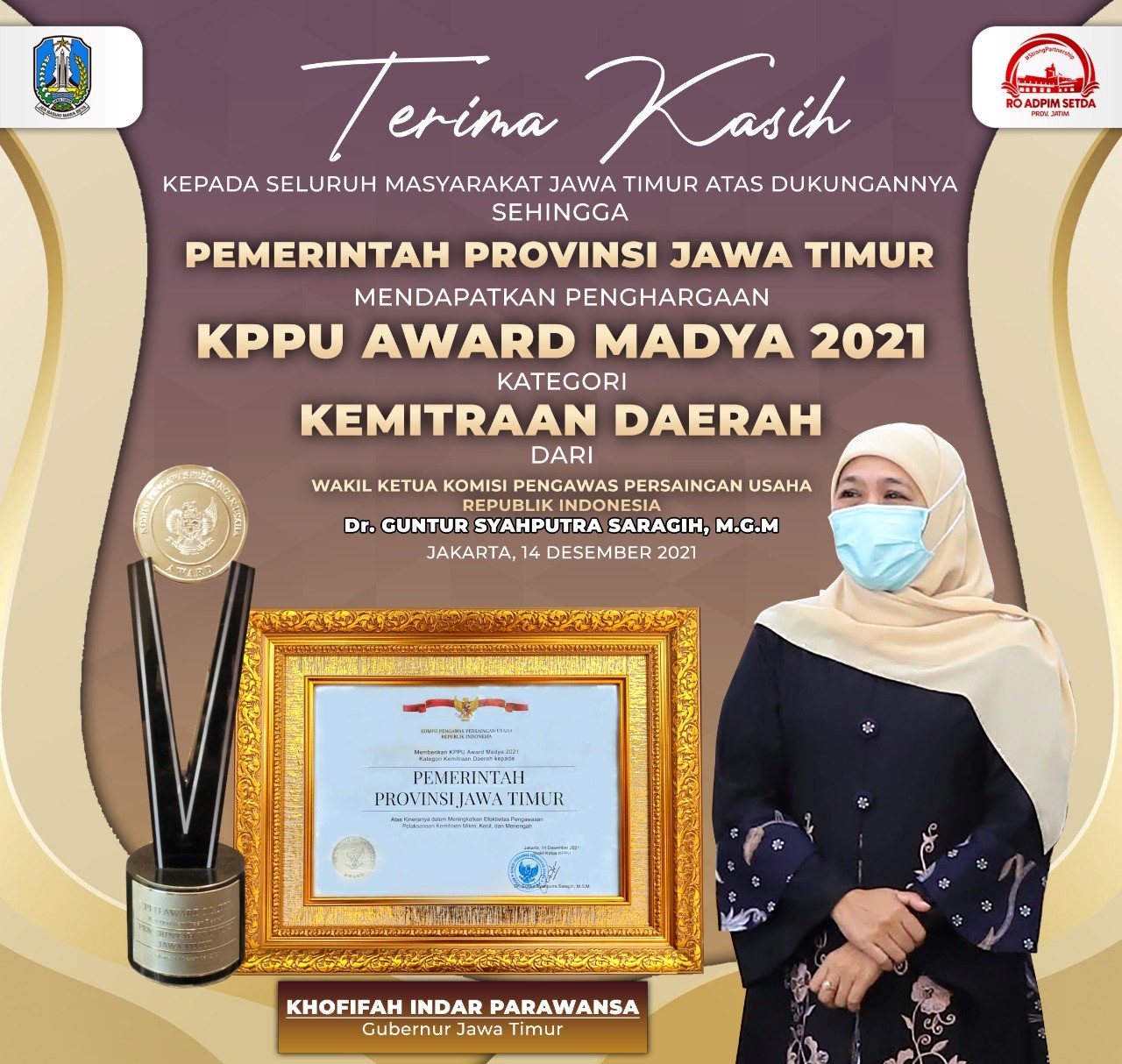Pemerintah Provinsi Jawa Timur berhasil meraih penghargaan tingkat nasional dari Komisi Pengawas Persaingan Usaha (KPPU) Award 2021