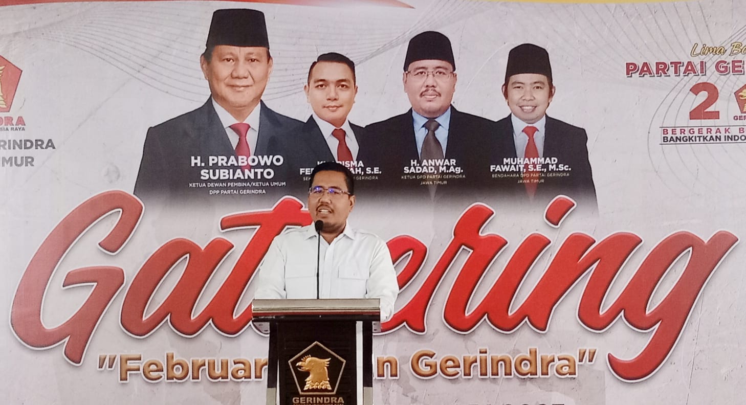 Ketua DPD Gerindra Jatim, Anwar Sadad saat memberi sambutan mengatakan, menyambut HUT ke 15 DPD Partai Gerindra Jatim, Kamis (2/2/2023).