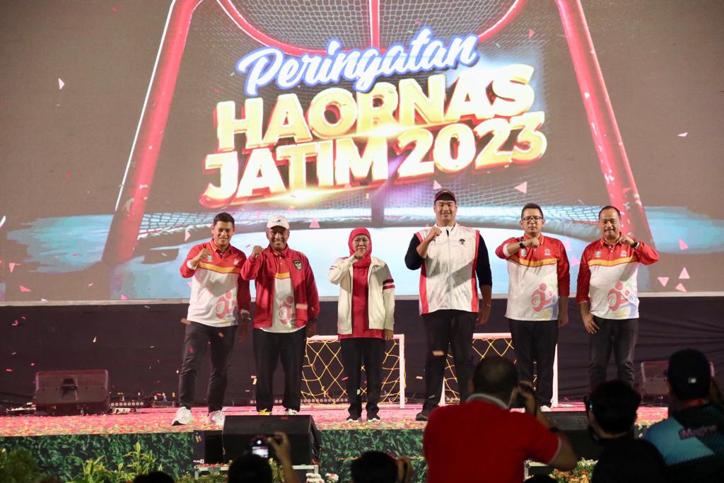 Peringatan Haornas Jawa Timur Tahun 2023 berlangsung meriah di GOR Jayabaya, Mojoroto, Kota Kediri, Jum'at (22/9) malam.