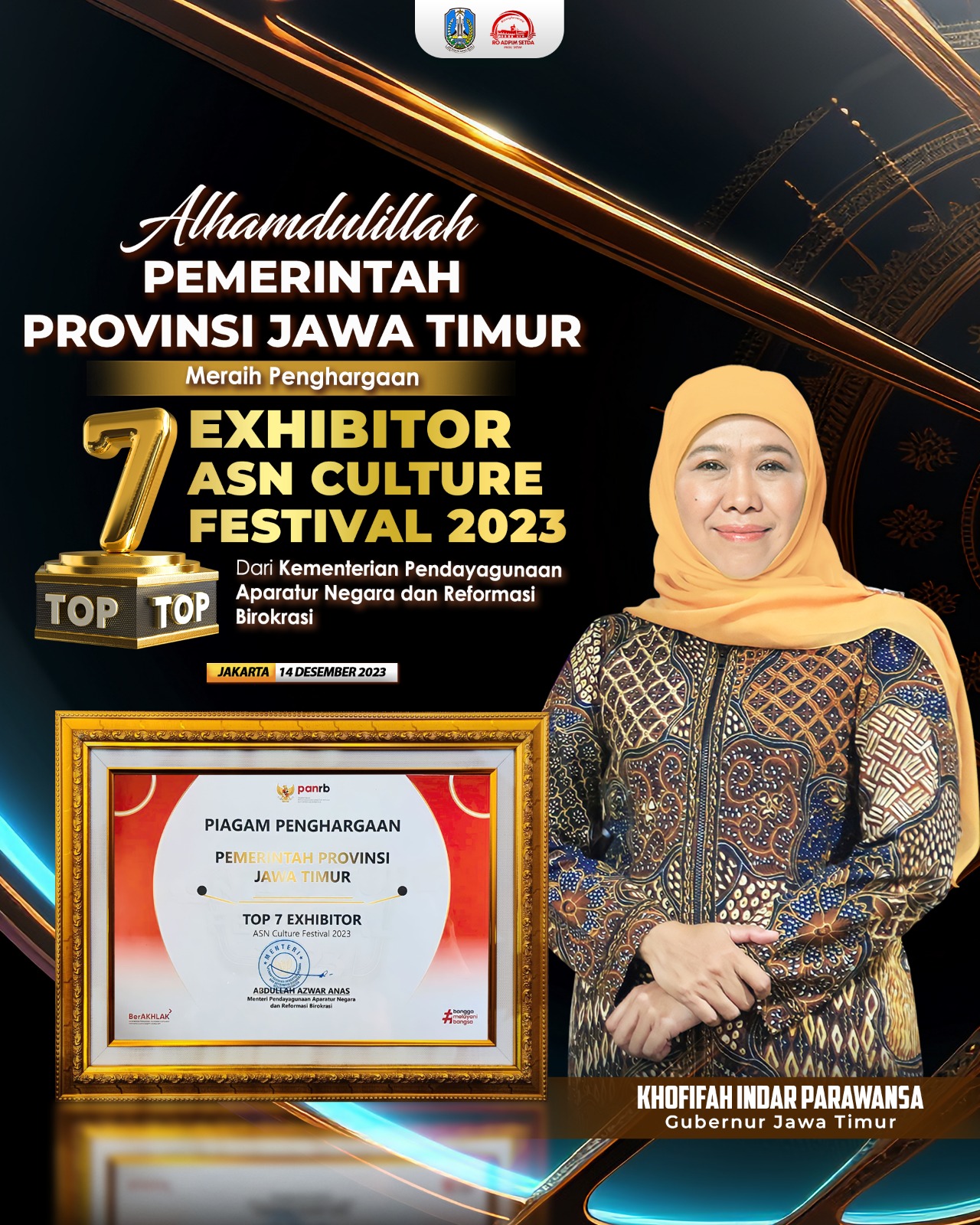 Pemerintah Provinsi Jawa Timur menerima penghargaan Top 7 Exhibitor dalam ASN Culture Fest 2023 dari Kementerian Pendayagunaan Aparatur Negara dan Reformasi Birokrasi (KemenPAN-RB) RI.