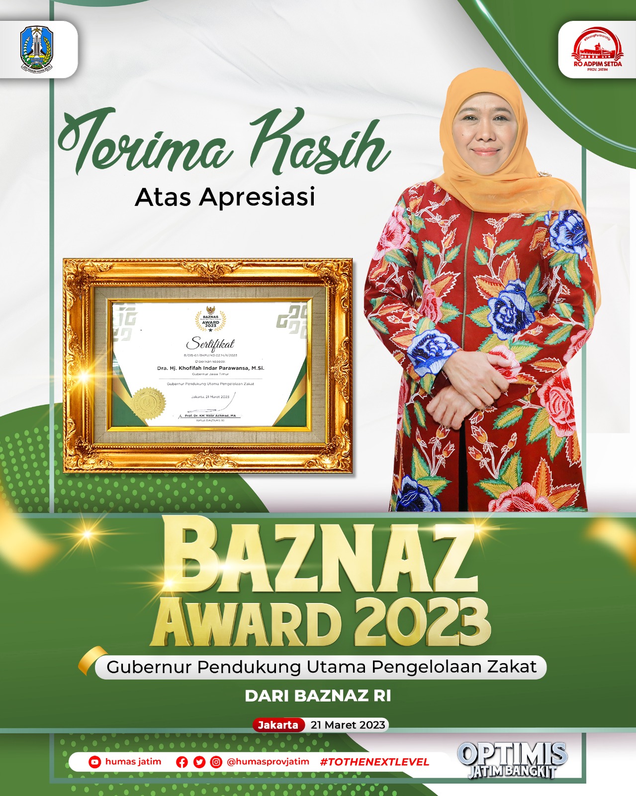 Gubermur Khofifah mendapatkan penghargaan dari Badan Amil Zakat Nasional (Baznas) Republik Indonesia.