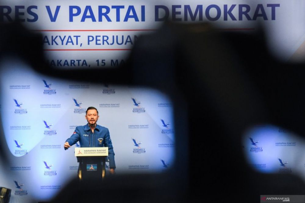 AHY: Ketua Umum Partai Demokrat Agus Harimurti Yudhoyono menyampaikan pidato kemenangan dalam Kongres V Partai Demokrat di Jakarta, Minggu (15/3) ANTARA FOTO/M Risyal Hidayat/aww. 